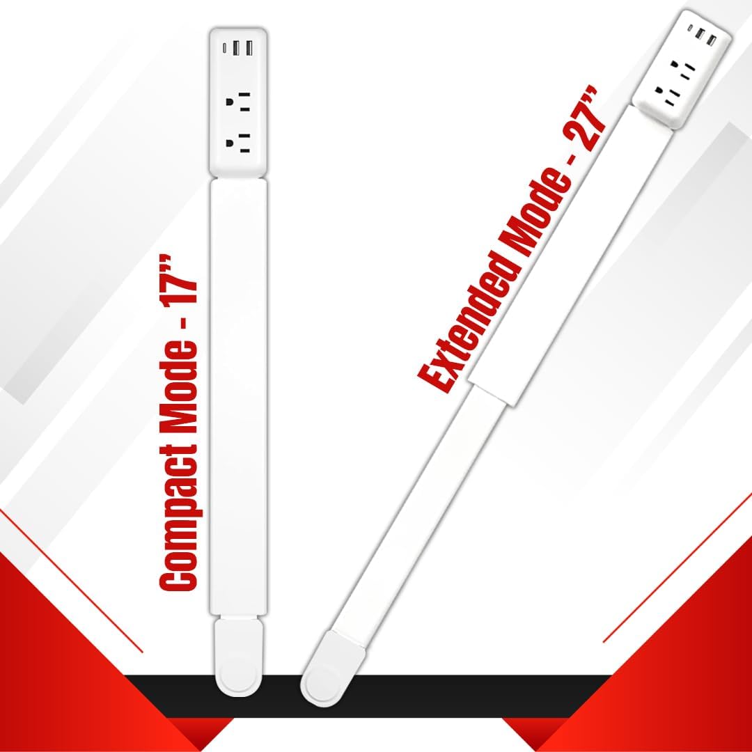Electrical Outlet Extender Stick -Rotates 180° Access Hard-to-Reach Outlets USB-A, USB-C & 2 AC Outlets Adjustable 17"-27" Extension, Power