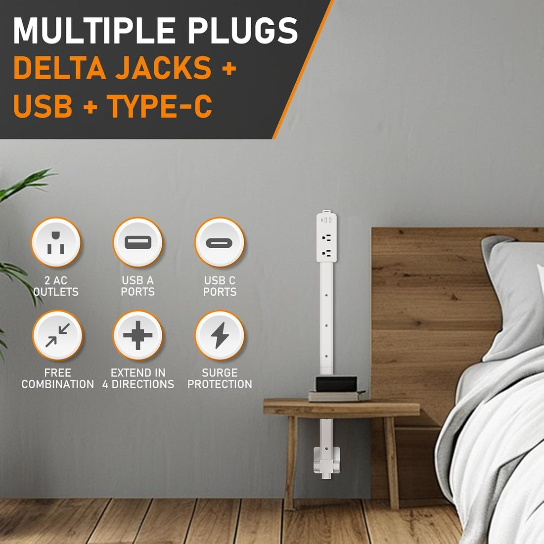 Outlet Extender Stick - Features 2 USB-A, USB-C and 2 AC Outlets, Adjustable Disassembly Extends 6"-35", 360° Access Hard-to-Reach Outlets, Wall